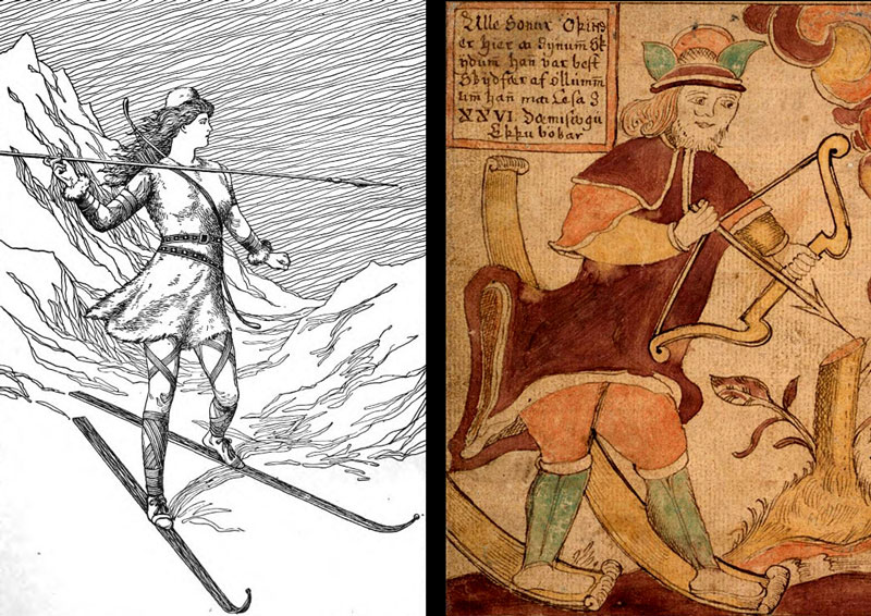 Teckning föreställande jagande kvinna på skidor och kyrkmålning föreställande man på skidor. 