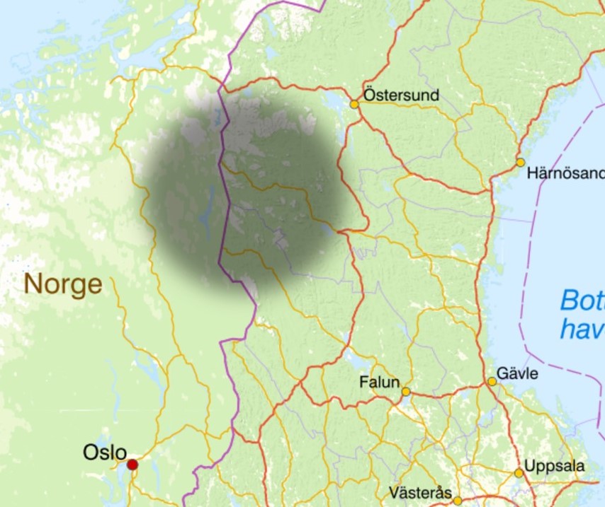 Bilden visar ett kartutsnitt av mellersta Sverige och Norge, där utbredningsområdet för namn innehållande -hågna och -hogna är markerat.
