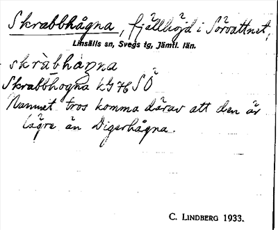 Bilden visar ett handskrivet arkivkort med det upptecknade namnet Skrabbhågna.