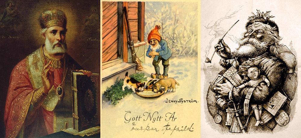Bildblock med tre bilder: helgonbild på Sankt Nikolaus, gammalt svenskt vykort illustrerat av Jenny Nyström och en teckning föreställande "Merry old Santa Claus".