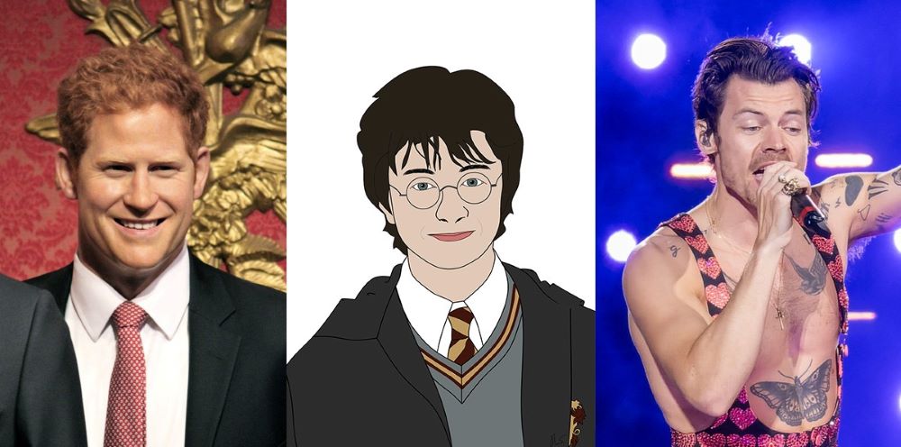 Bilden föreställer ett kollage med prins Harry, bokkaraktären Harry Potter samt artisten Harry Styles.