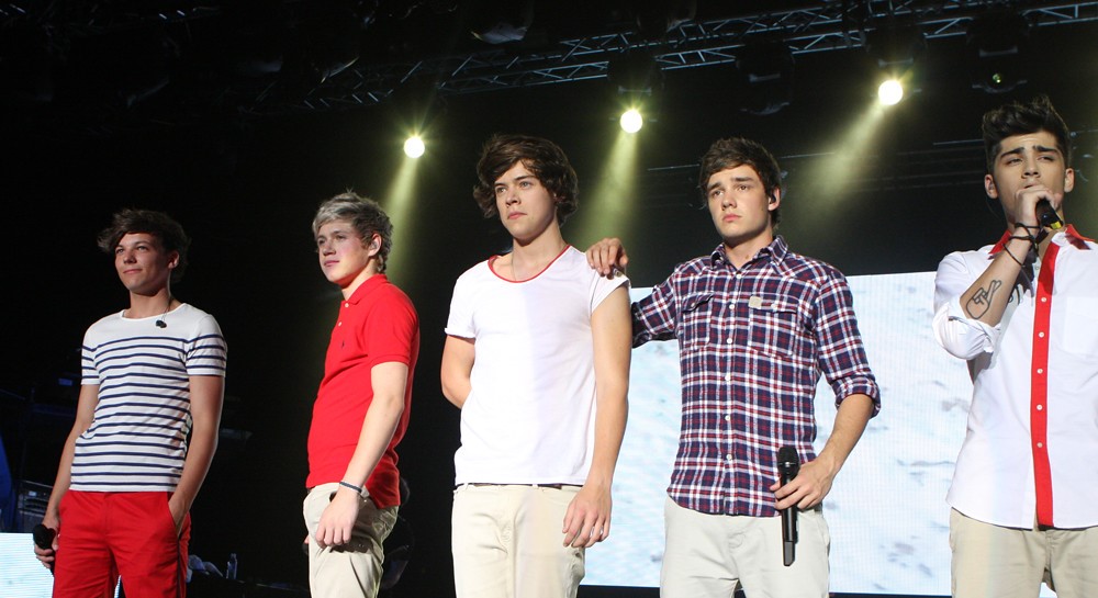 Bilden föreställer pojkbandet One Direction. De står bredvid varandra på en scen och blickar ut över publiken.