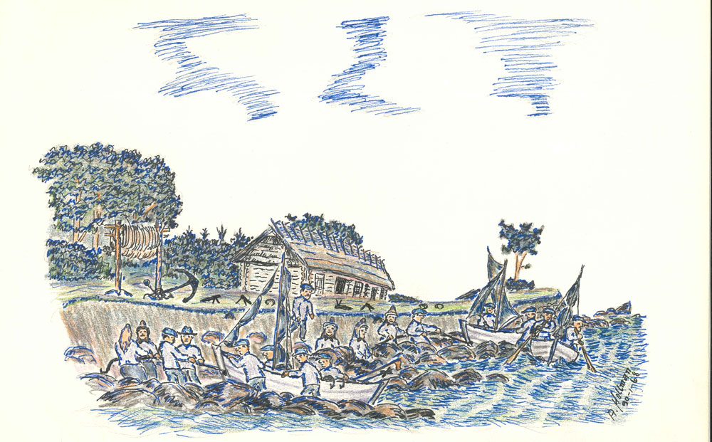 Färglagd teckning som föreställer människor i båtar som fiskar precis vid strandkanten.