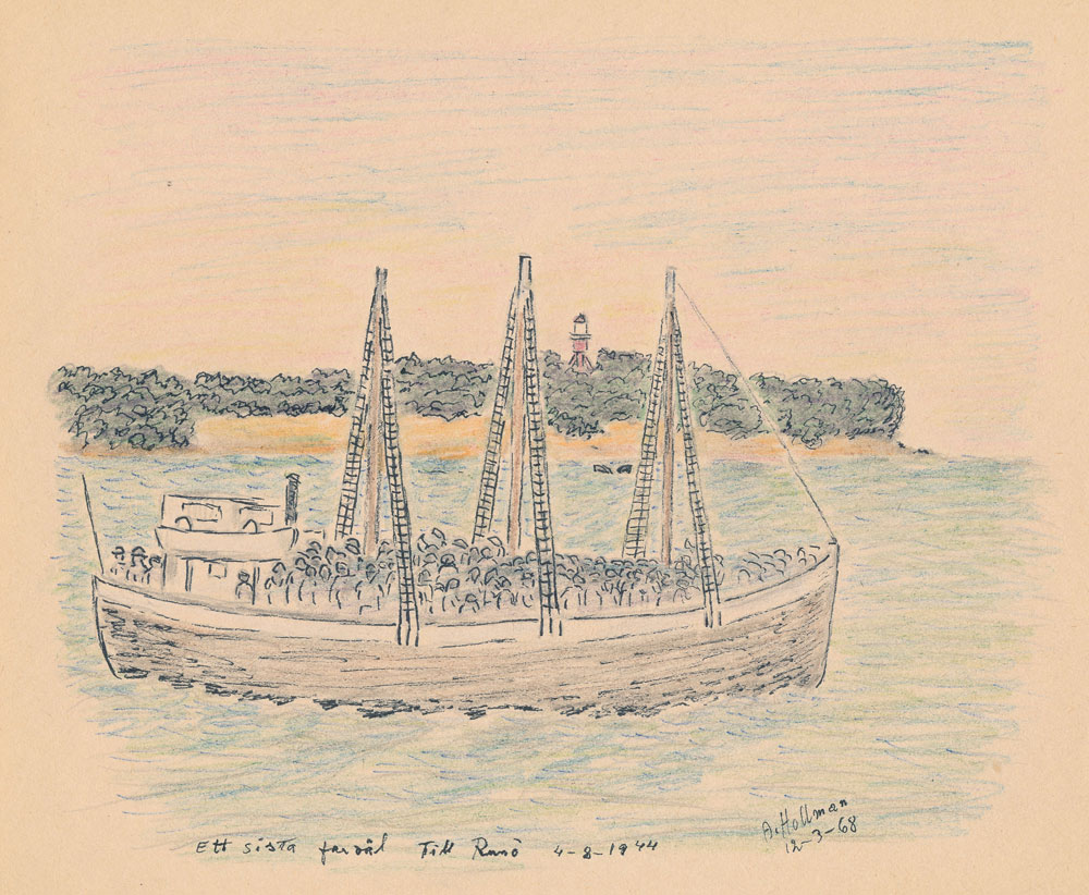 Teckning med fullastad båt på hav.