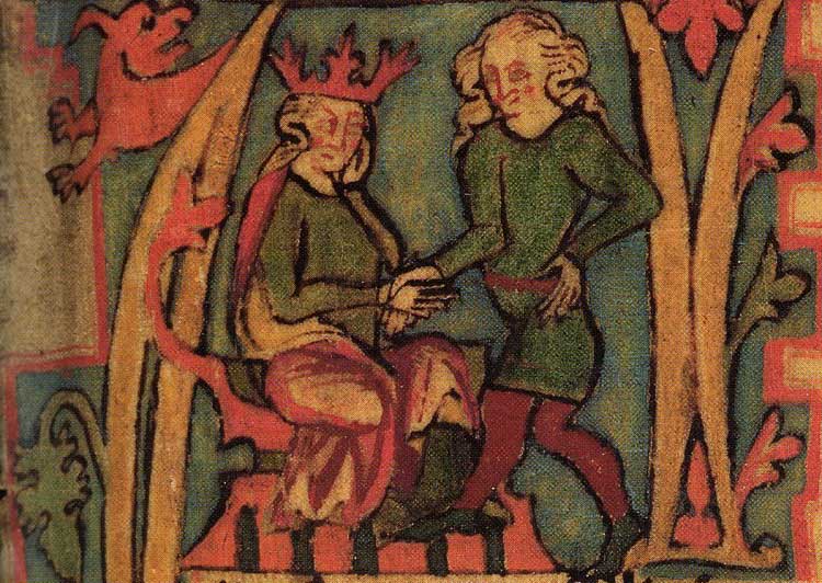 Medeltida målning föreställande en kung i krona som sitter på en tron och en man som står framför honom.