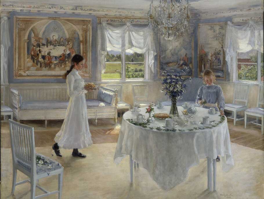 Målning föreställande två kvinnor som dukar ett bord med blommor och kaffeservis.