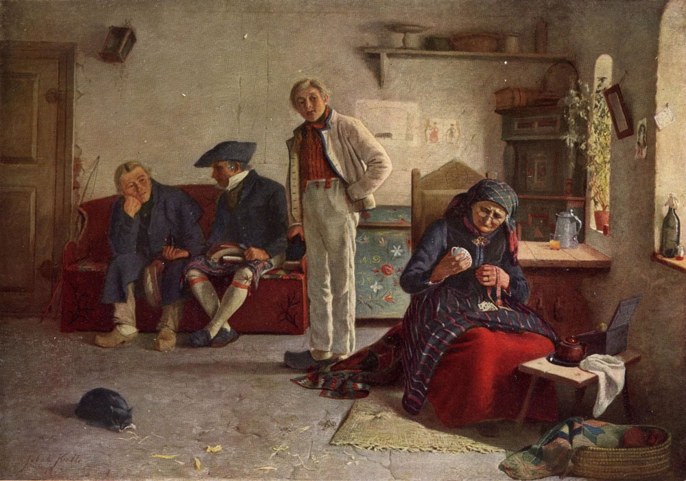 Målning med kvinna och män i ett rum i allmogemiljö.