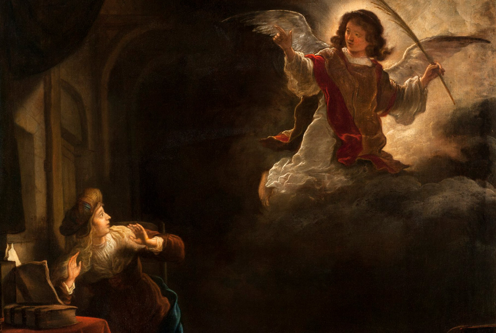 oljemålning föreställande kvinna i 1600-talskläder som knäböjer vid bord och vänder blicken mot ängel som kommer flygande från ovan