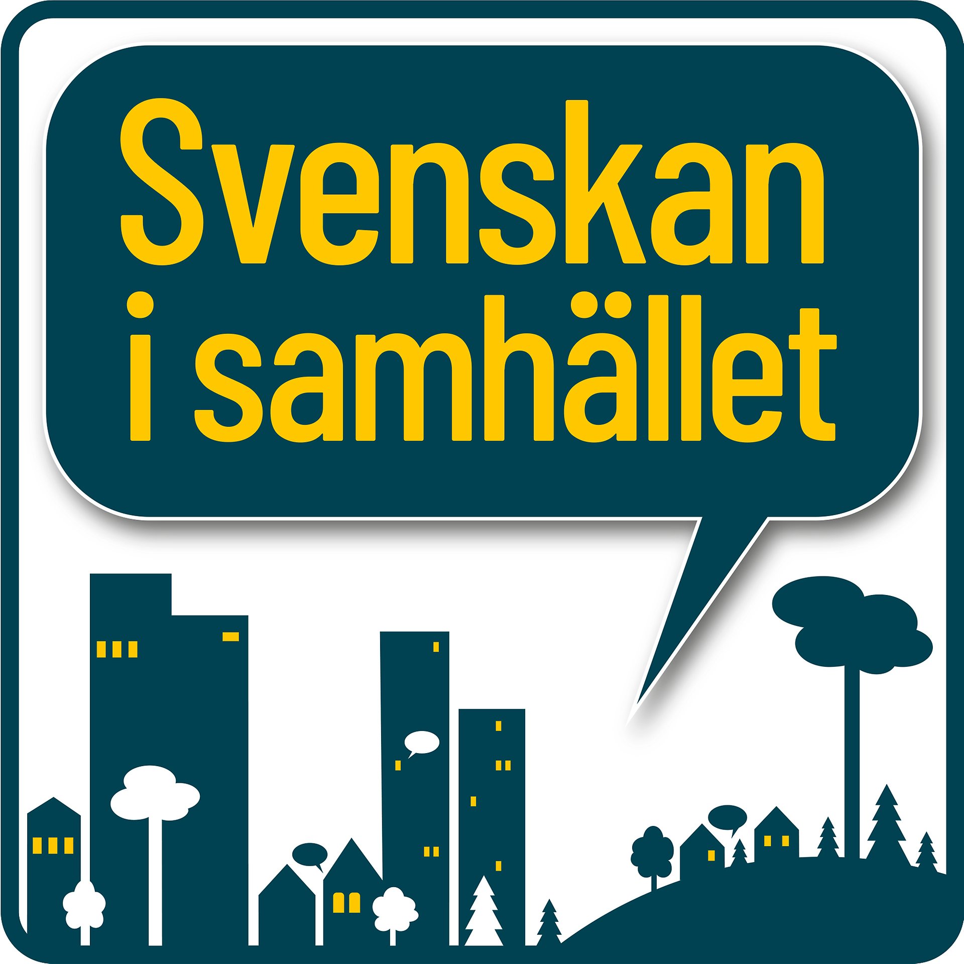 Illustration föreställande en silhuett av en stad med texten Svenskan i samhället.