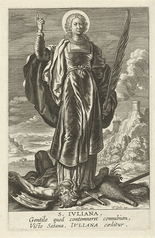 Illustration föreställande helgon Juliana av Nikomedia i lång klänning i flera lager, ena armen lyft och en gloria runt huvudet.