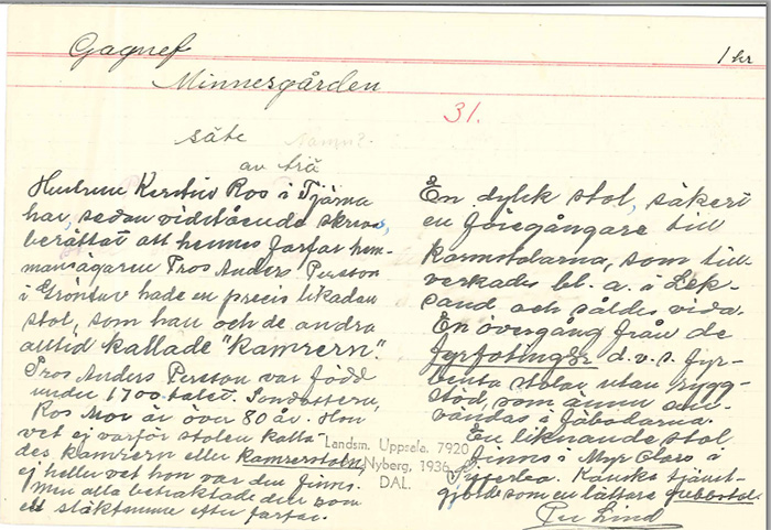 Kommentar på baksidan av kortet med illustrationen över ett säte av trä från Gagnef