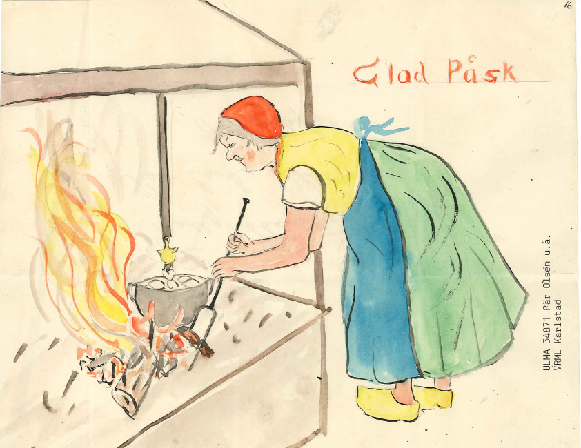 Målad teckning där en kvinna står böjd över något som lagas till över öppen eld