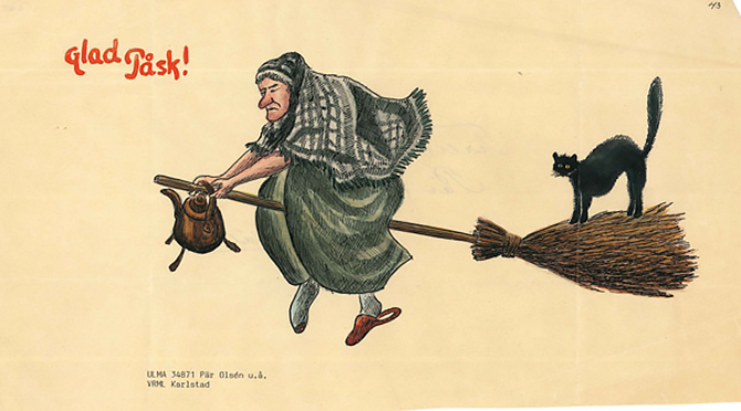 Målad teckning där en kvinna flyger på en kvast med kaffekanna och katt
