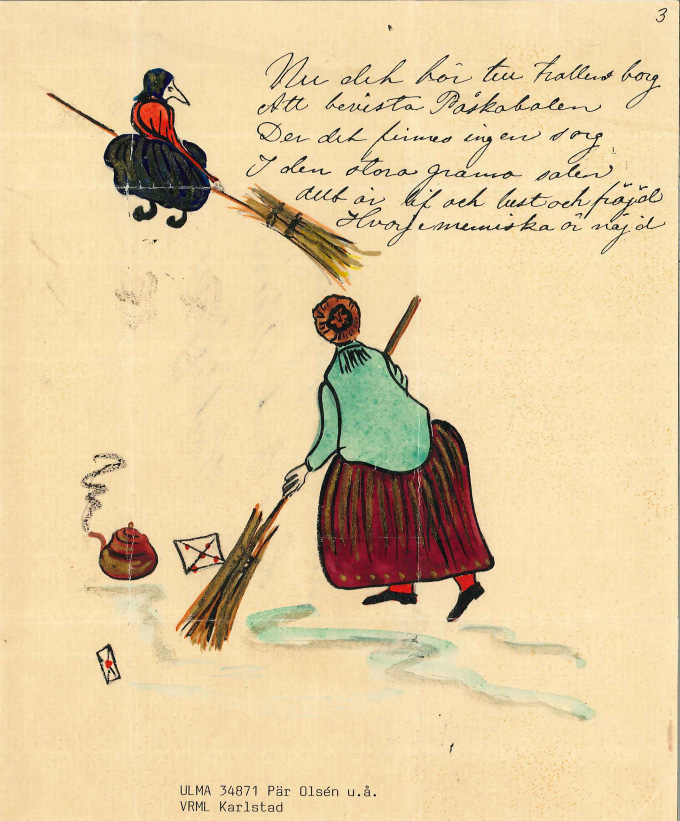 Målad teckning där en kvinna flyger på en kvast och en annan kvinna tittar på