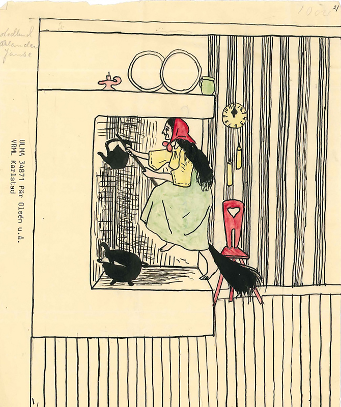 Målad teckning där en kvinna sitter på en kvast och ser ut att sväva i luften i öppna spisen 