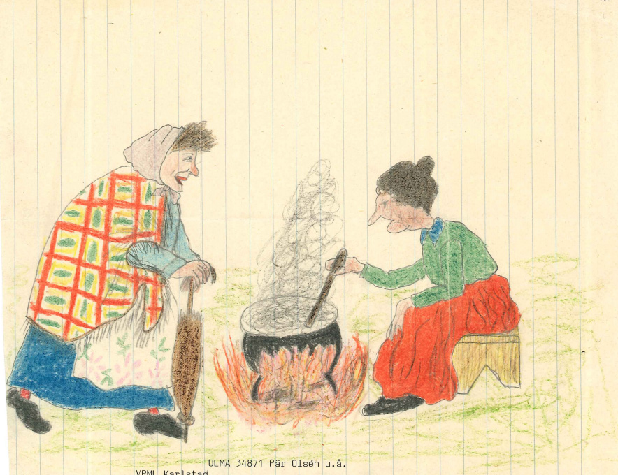 Målad teckning av två kvinnor, den ena rör om i en gryta och den andra tittar på