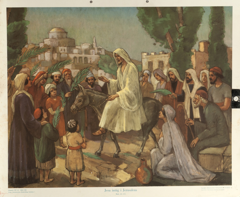 Skolplansch där Jesus hälsas med viftande palmblad när han rider in i Jerusalem.