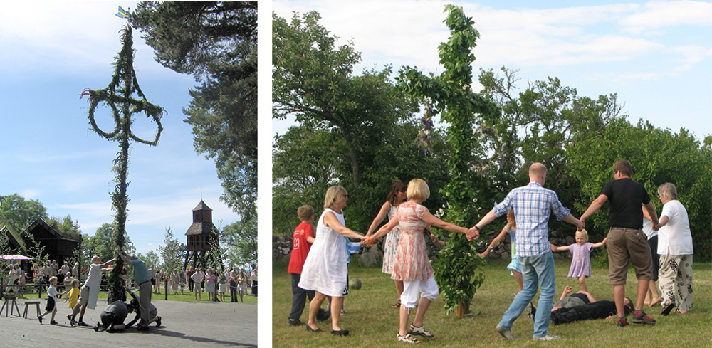A lot of people dancing around a green midsummer pole outside in the summer.