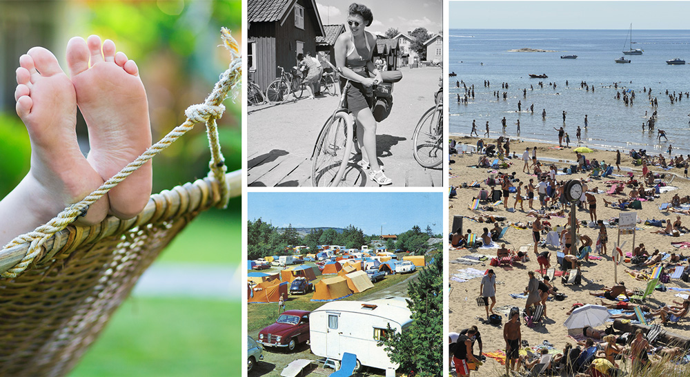 bildkollage med semestriga bilder: fötter i en hängmatta, en kvinna på cykel, en husvagnscamping och en badstrand med massor av folk.