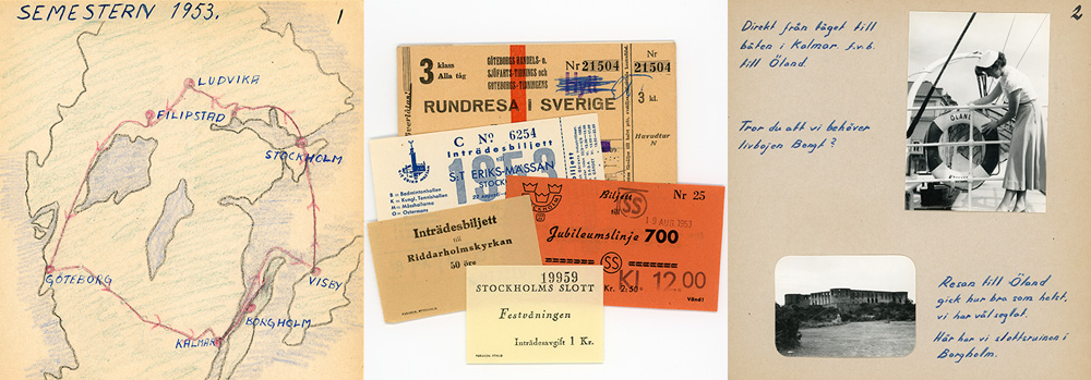 handritad karta över semesterresvägen, en hög med biljetter och en sida ur ett fotoalbum med två fotografier föreställande en kvinna på en båt och slottsruinen i Borgholm