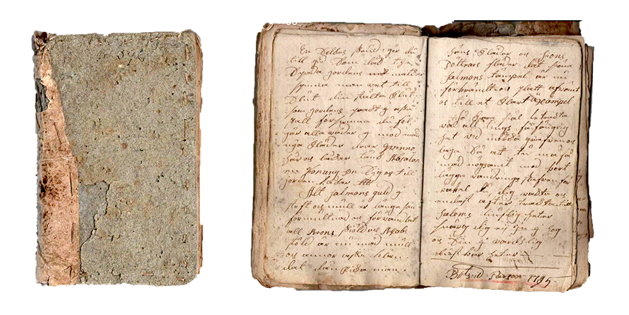 omslaget och ett handskrivet uppslag i gammal anteckningsbok