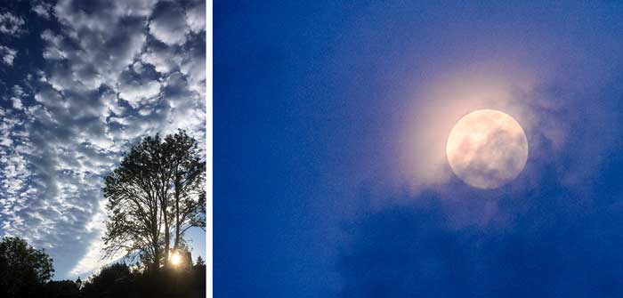 daghimmel med ulliga moln och natthimmel med fullmåne