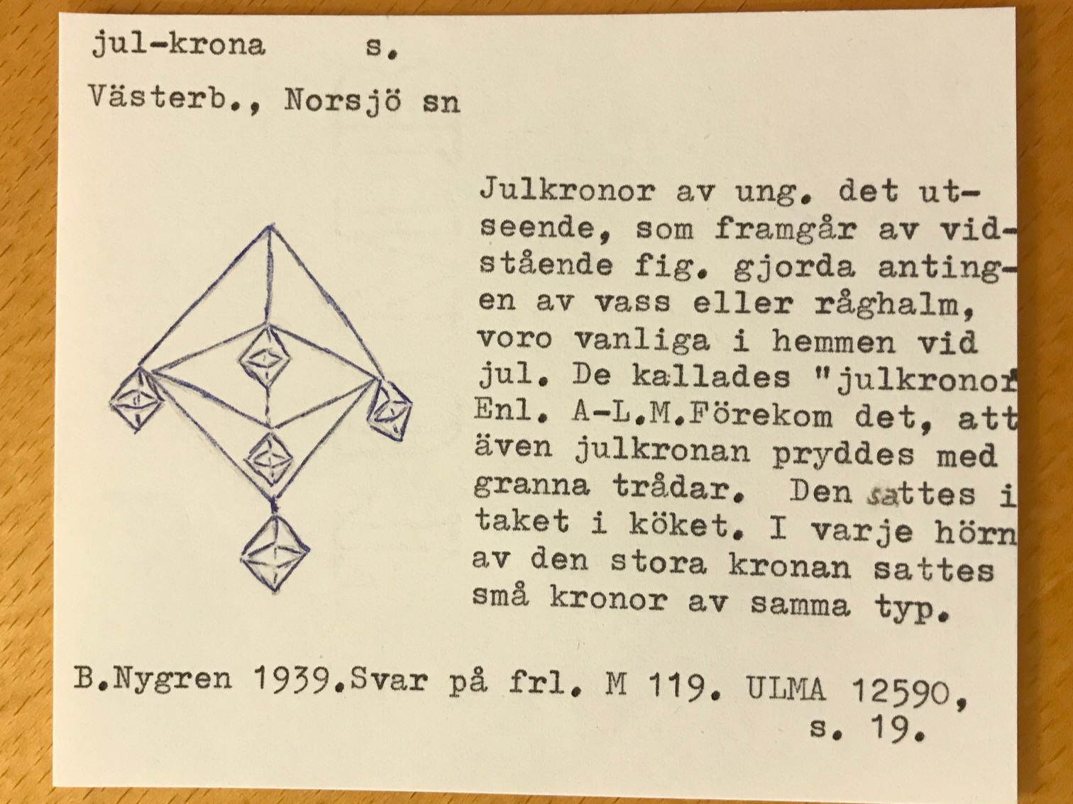 Teckning på julkrona från Norsjö, uppbyggd av oktaedrar