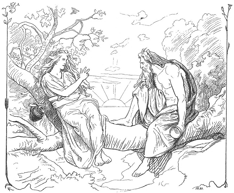 Teckning föreställande gudomligheterna som sitter och pratar.