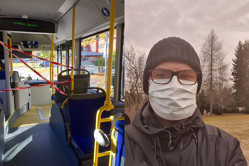 Kollage med två bilder. Den ena bilden förställer en buss, fotograferad 
inifrån bussen mot förarens plats. Där rä det avspärrat med tejp så att 
passagerare inte kan gå fram. Den andra bilden föreställer en man med 
mössa, glasögon och vitt munskydd utomhus.