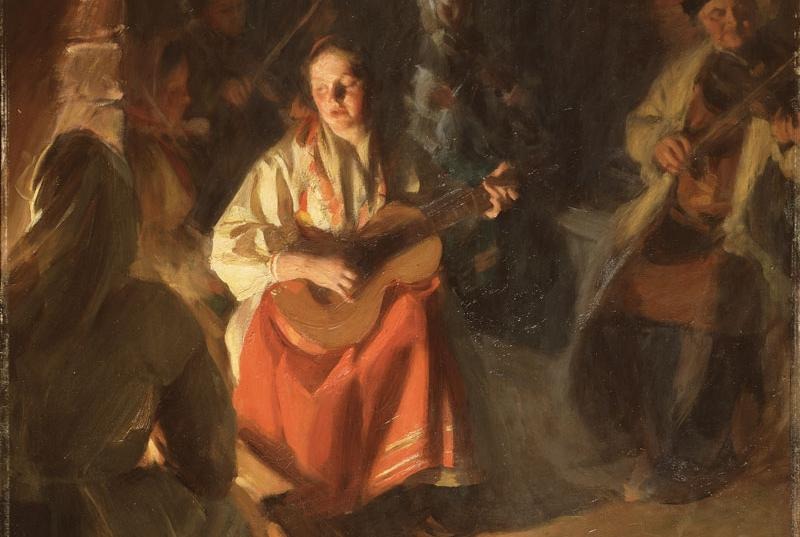 Målning med fokus på kvinna som spelar gitarr.
