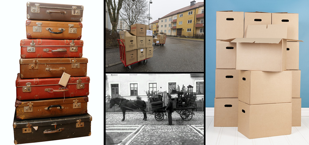 Bildblock med fotografier på koffertar, flyttkartonger och ett flyttlass med häst och vagn.