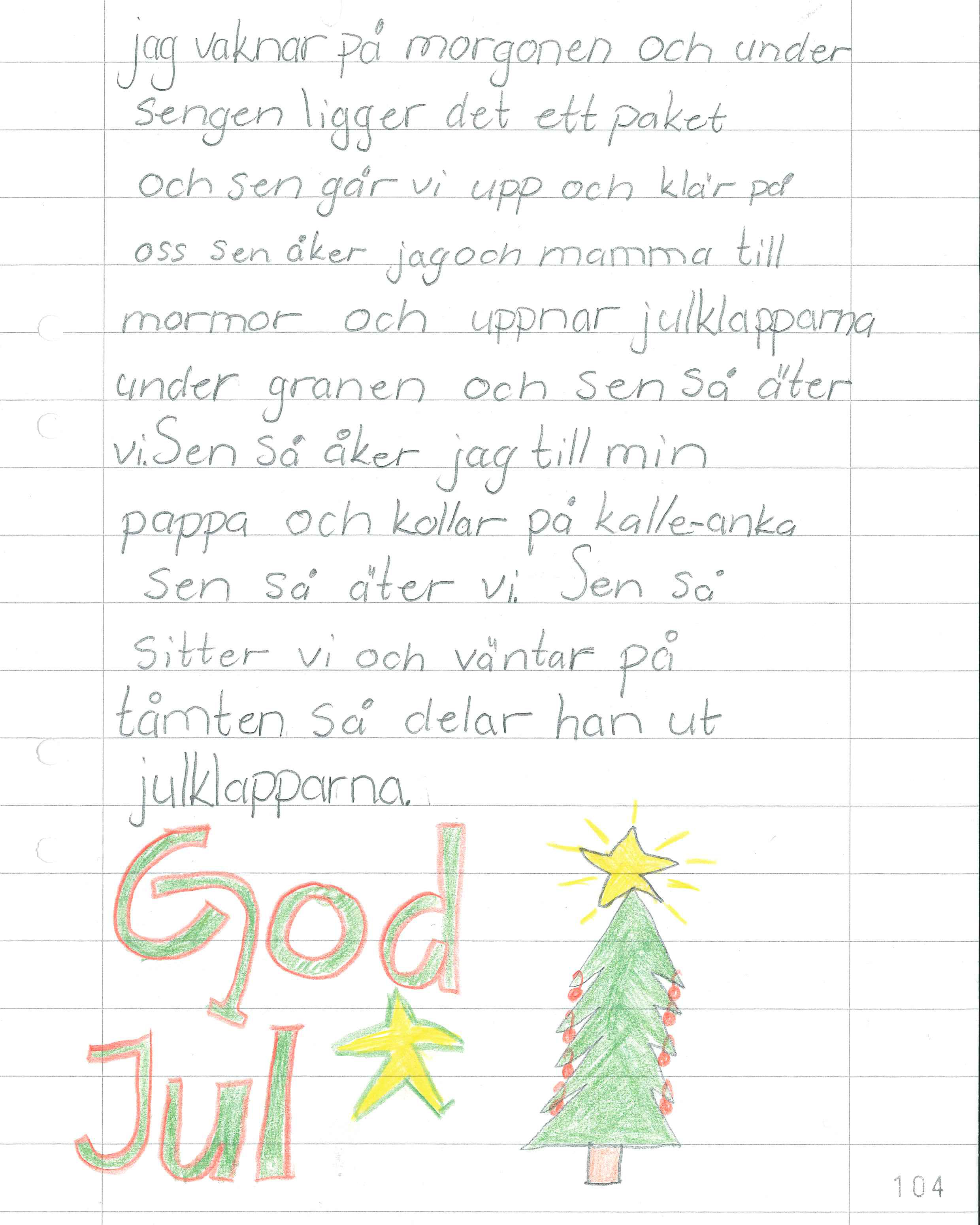 handskrivet A4-papper som avslutas med "God jul" och en teckning av en julgran.
