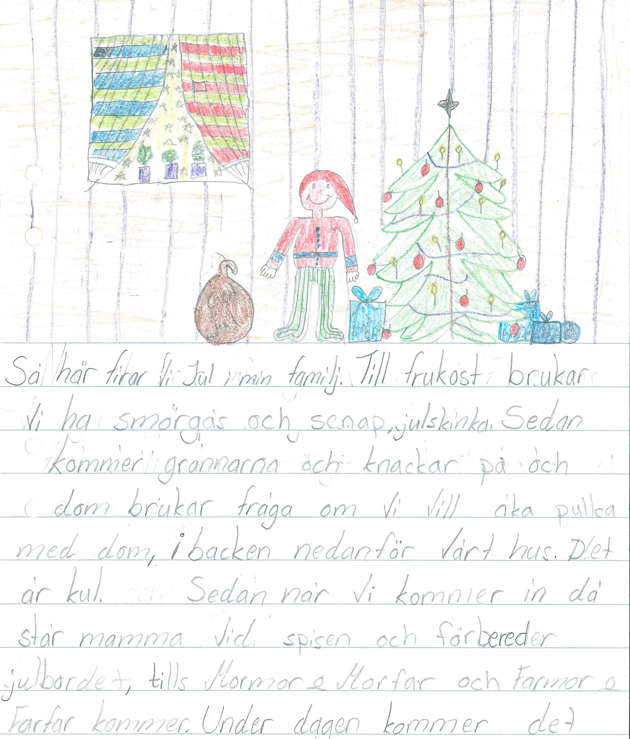 Linjerat A4-papper med en teckning föreställande en jultomte med säck som står vid en dekorerad julgran. Under teckningen finns handskriven text.