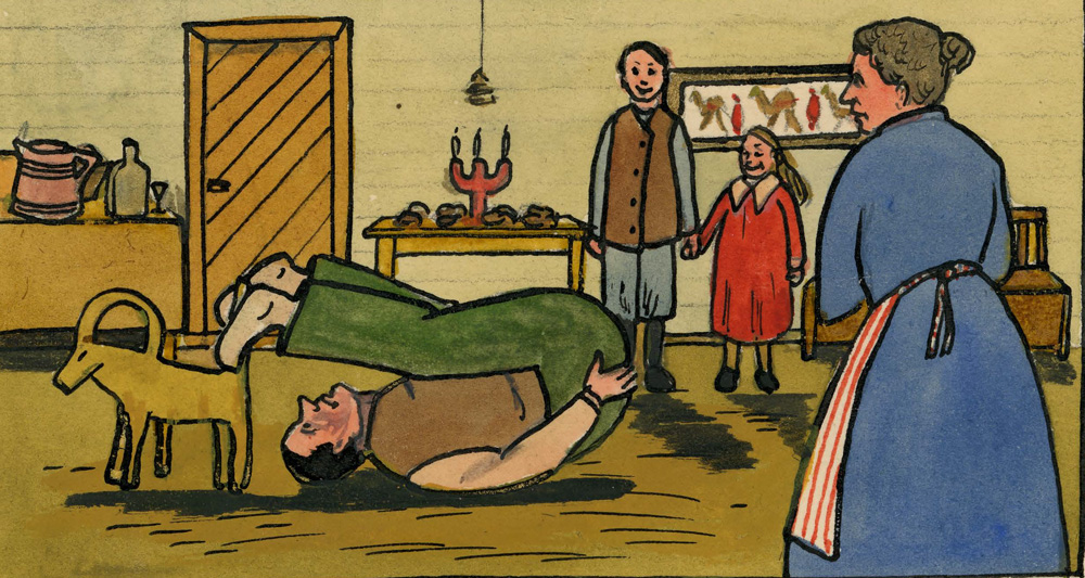 Teckning föreställande en man som ligger på rygg i ett kök och med fötterna försöker fånga upp en halmjulbock som står placerad ovanför hans huvud.
