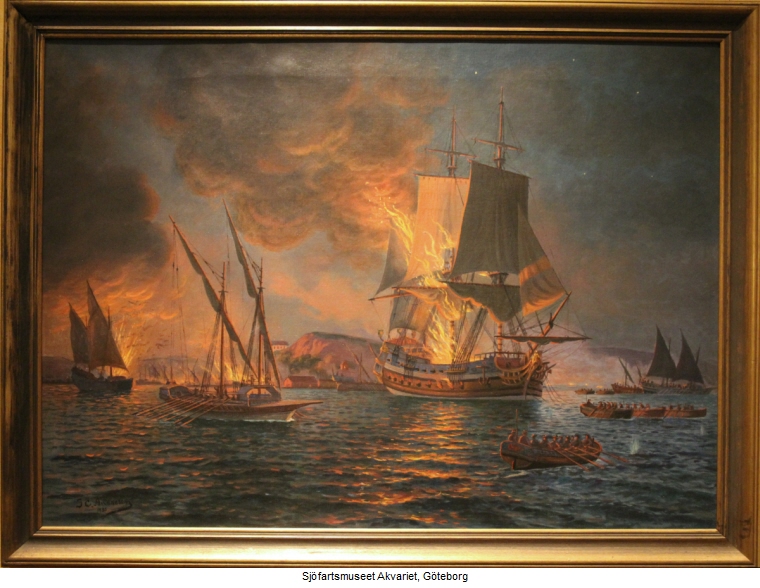 Målning föreställande ett brinnande skepp.