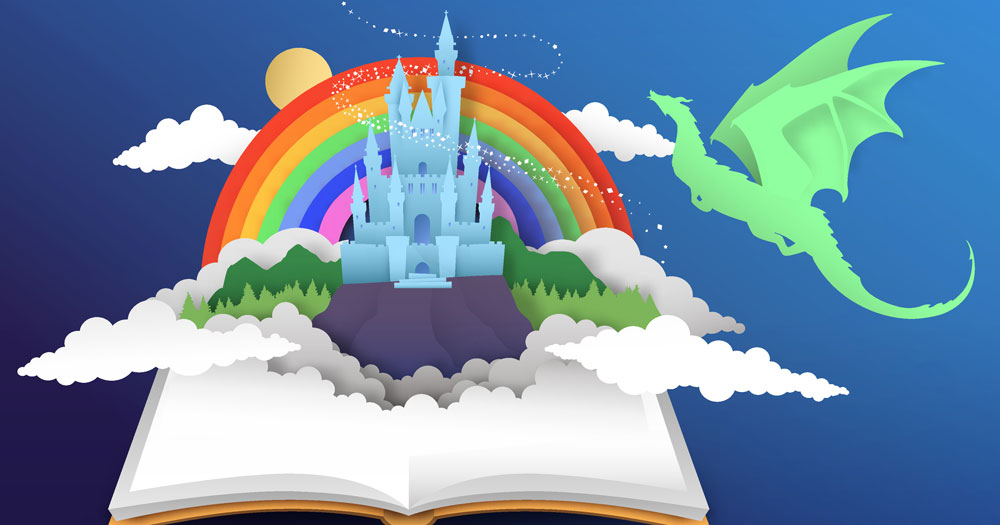 Tecknad bild med uppslagen bok uppifrån vilken det dyker ett slott och en drake.