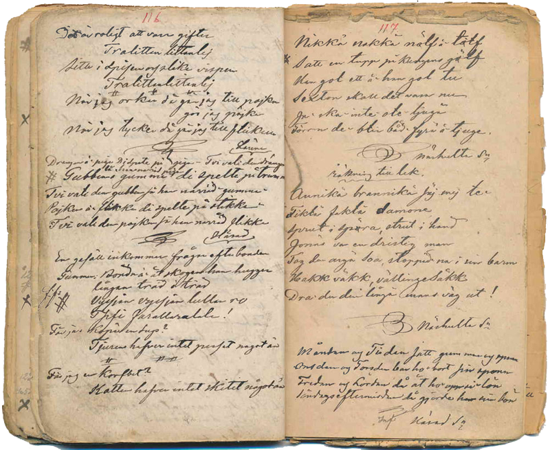 Gammal anteckningsbok med gulnade sidor och handskriven text.