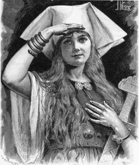 Teckning av ung kvinna i vikingatida kläder.