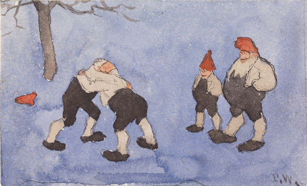 Akvarellmålning i färg föreställande två tomtenissar som brottas medan två andra nissar tittar på.