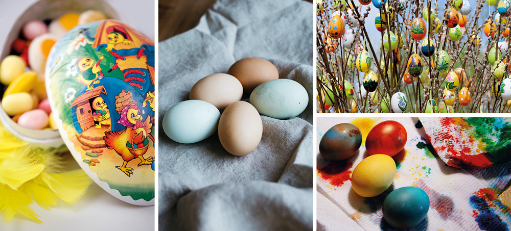 Bildblock med påskägg fyllt med godis, påskägg som hänger i ris, nymålade ägg och odekorerade ägg.