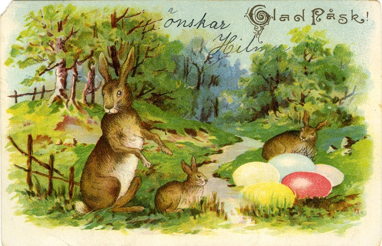 Gulnat brevkort föreställande en hare med två harungar och en hög färgglada ägg