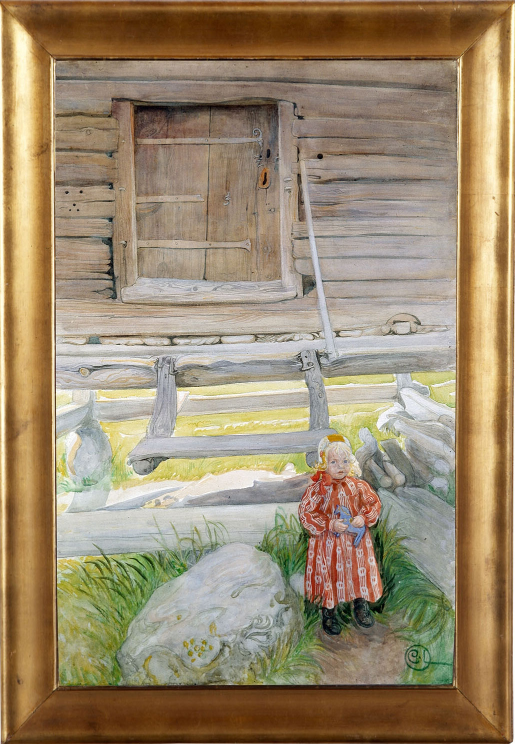 Målning med flicka framför träbyggnad. 