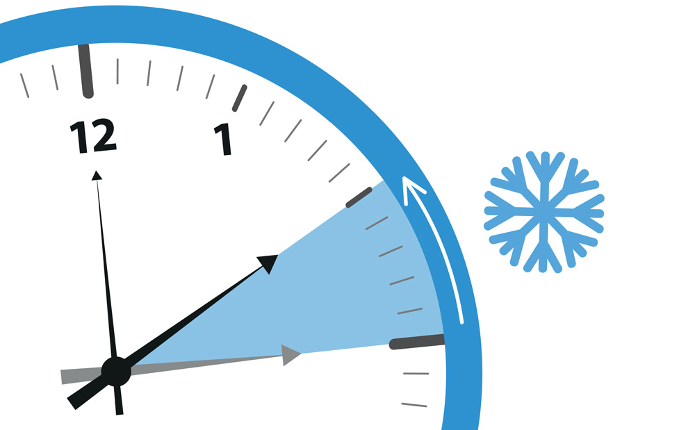 illustration av klocka som visar hur timvisaren dras tillbaka en timme