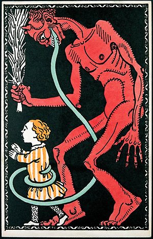 Teckning av djävulsliknande figur som jagar ett barn med ett risknippe.