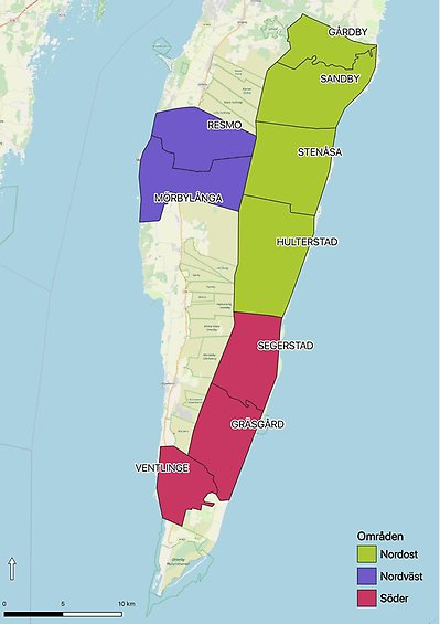 Karta med områden markerade i färg.