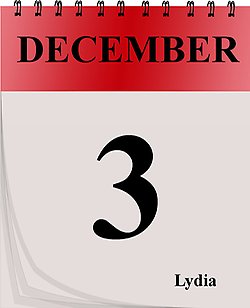 Kalenderblad för den 3 december, det står Lydia i ena hörnet.