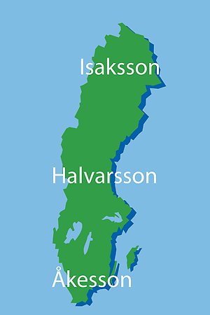 Bilden visar en karta över Sverige med namnet Åkesson längst i söder, namnet Halvarsson i mitten och Isaksson längst i norr.