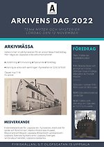 Affisch för arkivens dag i Uppsala. Text samt en bild på ett gammalt hus i Uppsala. 
